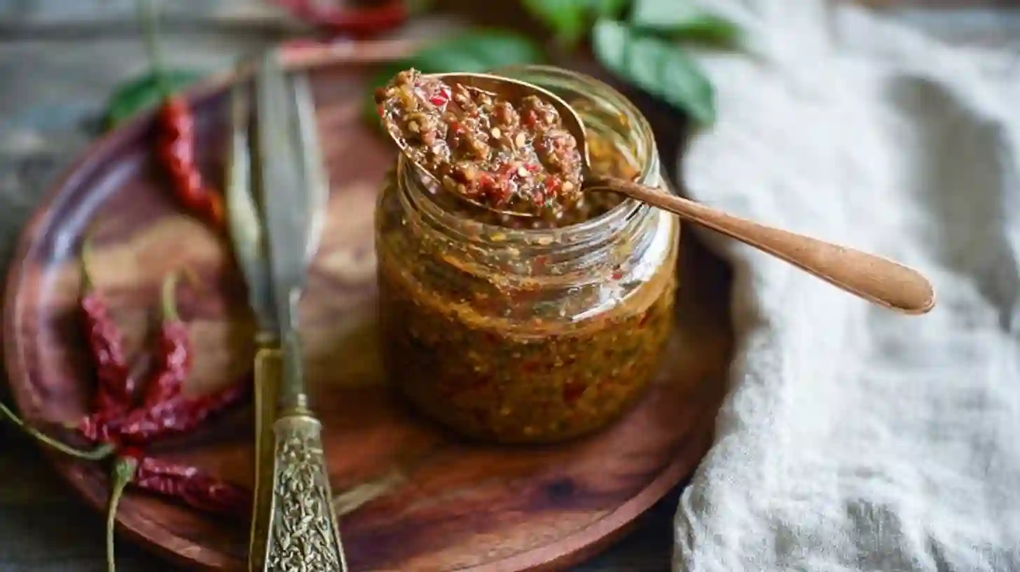  Chunky hot sauce mixture in a glass bowl with a spatula, showing texture and spice.