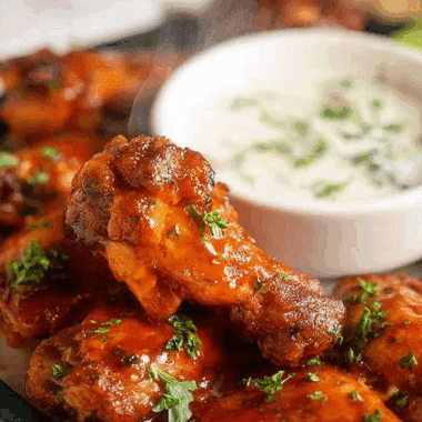 Buffalo-style Frozen air fryer chicken wings garnished with parsley, served hot with a side of creamy ranch dipping sauce and celery sticks.