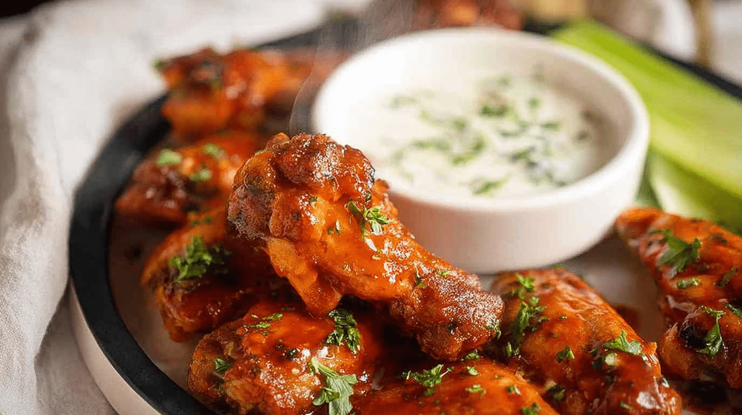 Buffalo-style Frozen air fryer chicken wings garnished with parsley, served hot with a side of creamy ranch dipping sauce and celery sticks.