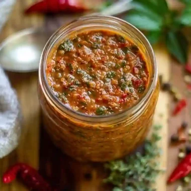 Jar of homemade hot sauce with herbs and red chili peppers on a wooden board.