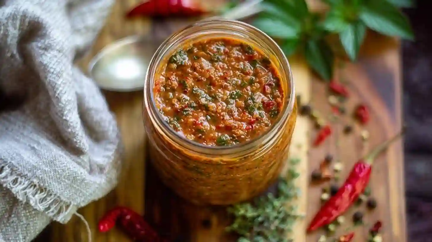 Jar of homemade hot sauce with herbs and red chili peppers on a wooden board.
