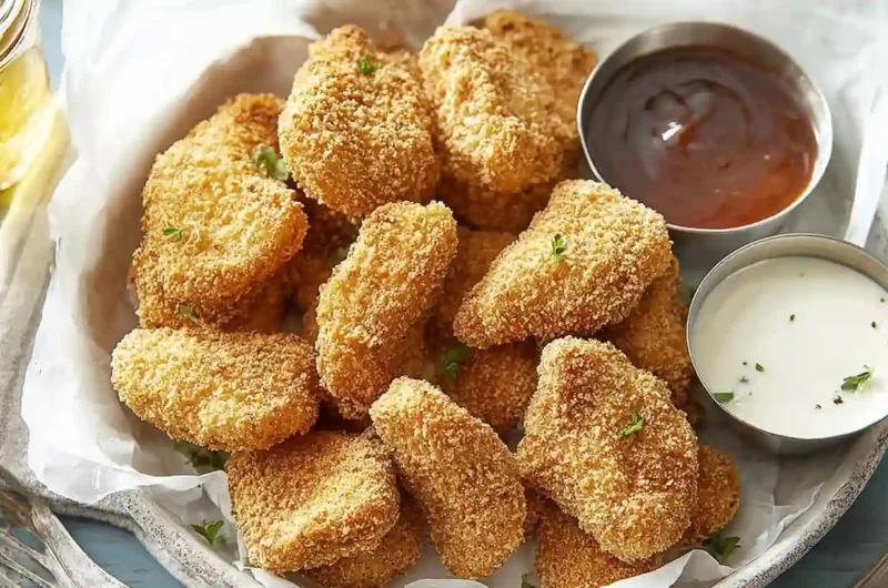 Golden air fryer chicken nuggets served on a platter with dipping sauces.