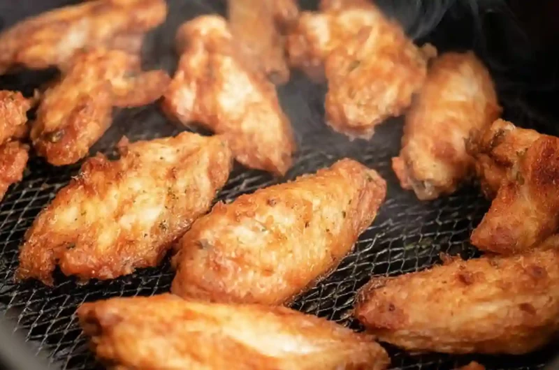 Crispy golden Air Fryer Chicken Wings cooking in an air fryer basket with steam rising, showing crunchy skin and juicy texture