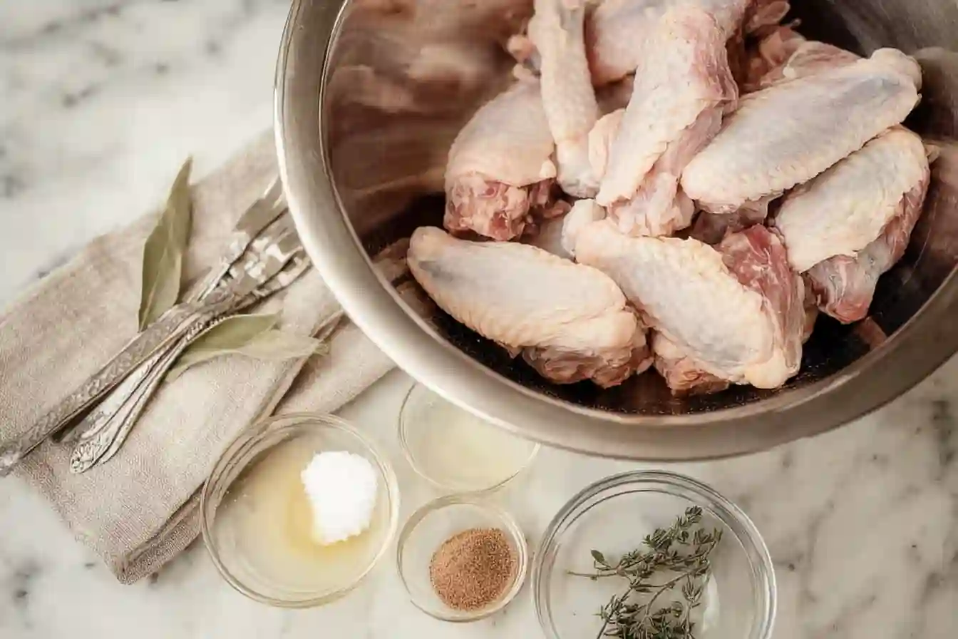 A metal bowl filled with raw chicken wings on a marble surface, surrounded by small glass bowls containing seasonings and herbs.