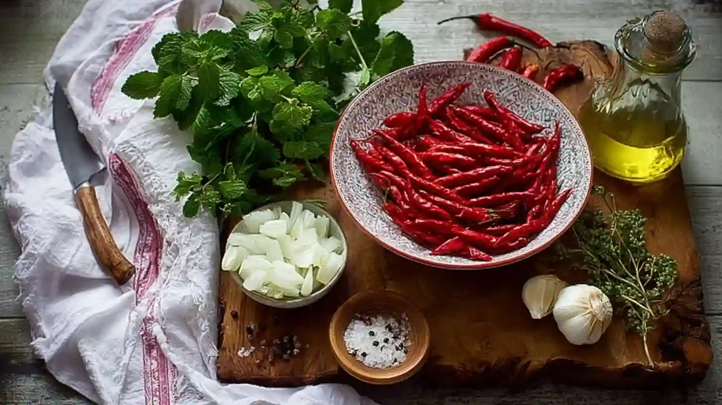  Fresh hot sauce ingredients including red chili peppers, garlic, herbs, and olive oil arranged on a rustic wooden board.