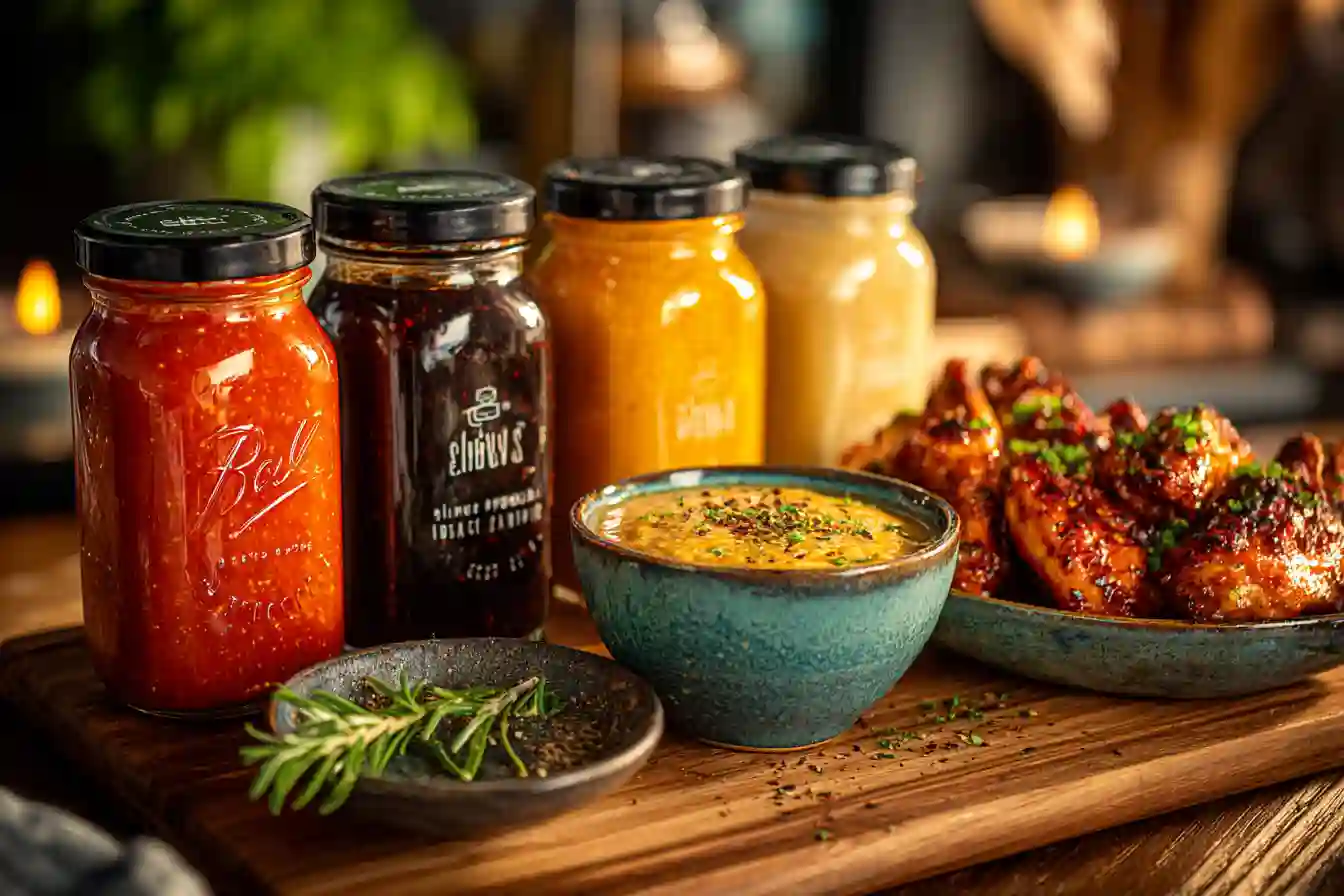  An assortment of homemade sauces in glass jars with a bowl of creamy mustard dip and glazed chicken wings garnished with herbs.
