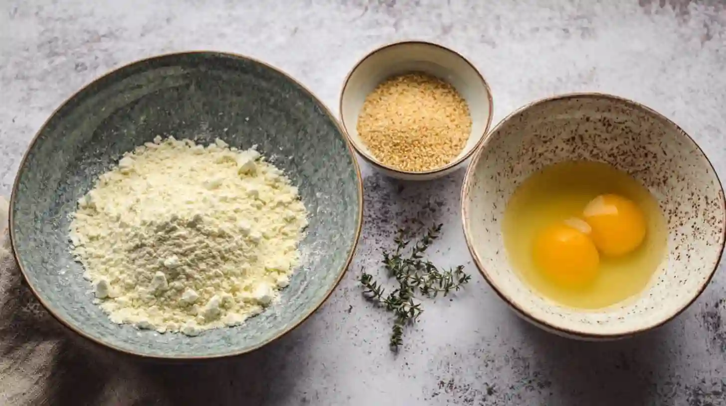 Breading station with flour, panko breadcrumbs, and eggs for chicken nuggets.