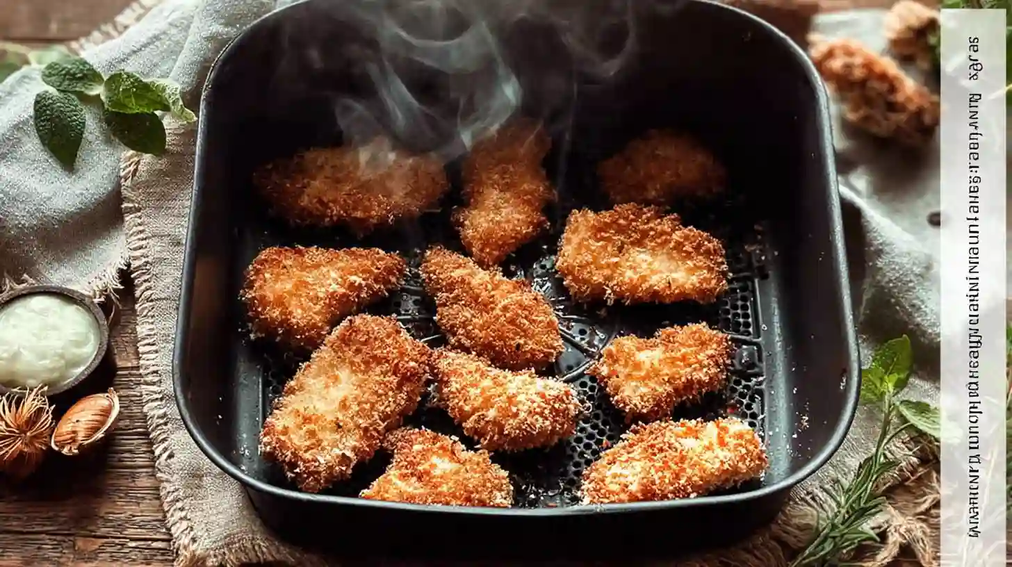 Freshly cooked crispy chicken nuggets in an air fryer basket with visible steam.