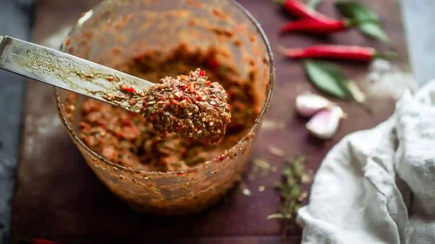  Blended hot sauce mixture in a glass bowl with a spatula, surrounded by chili peppers, garlic, and herbs.