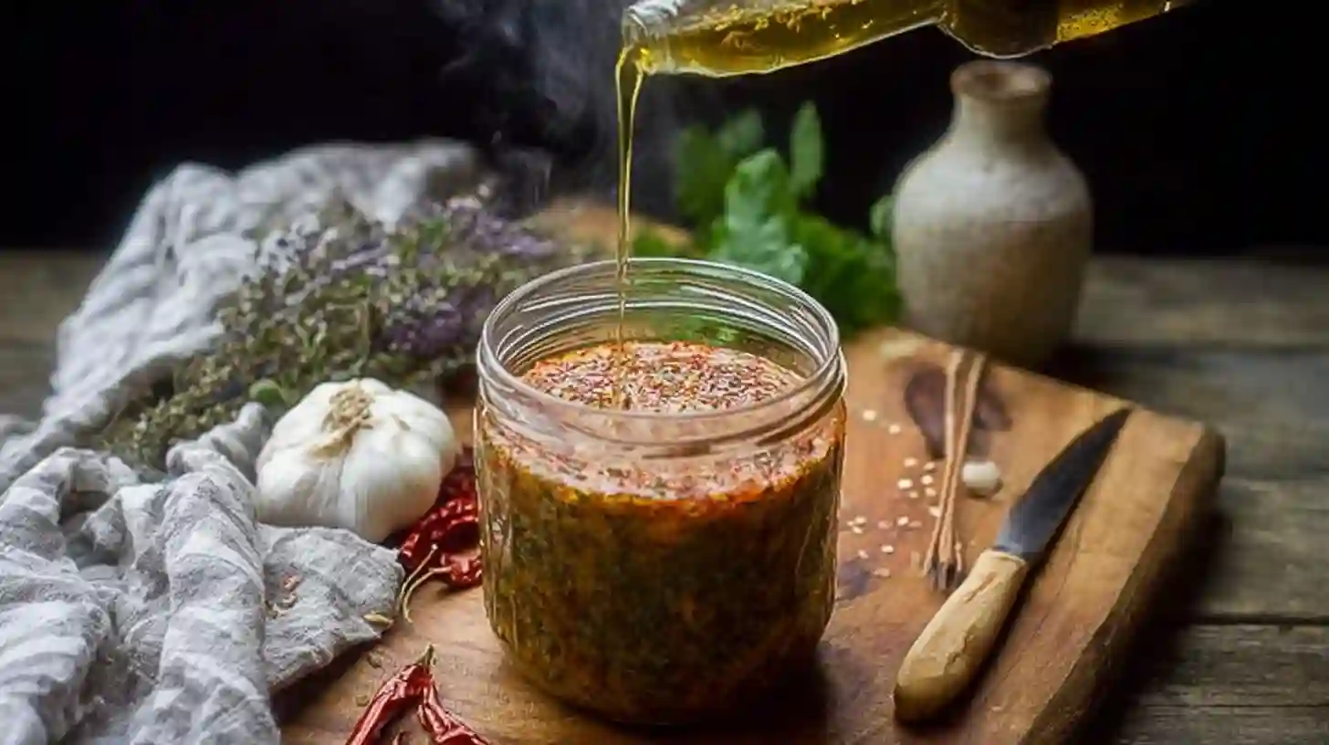  Olive oil being poured into a jar of homemade hot sauce on a rustic wooden board.
