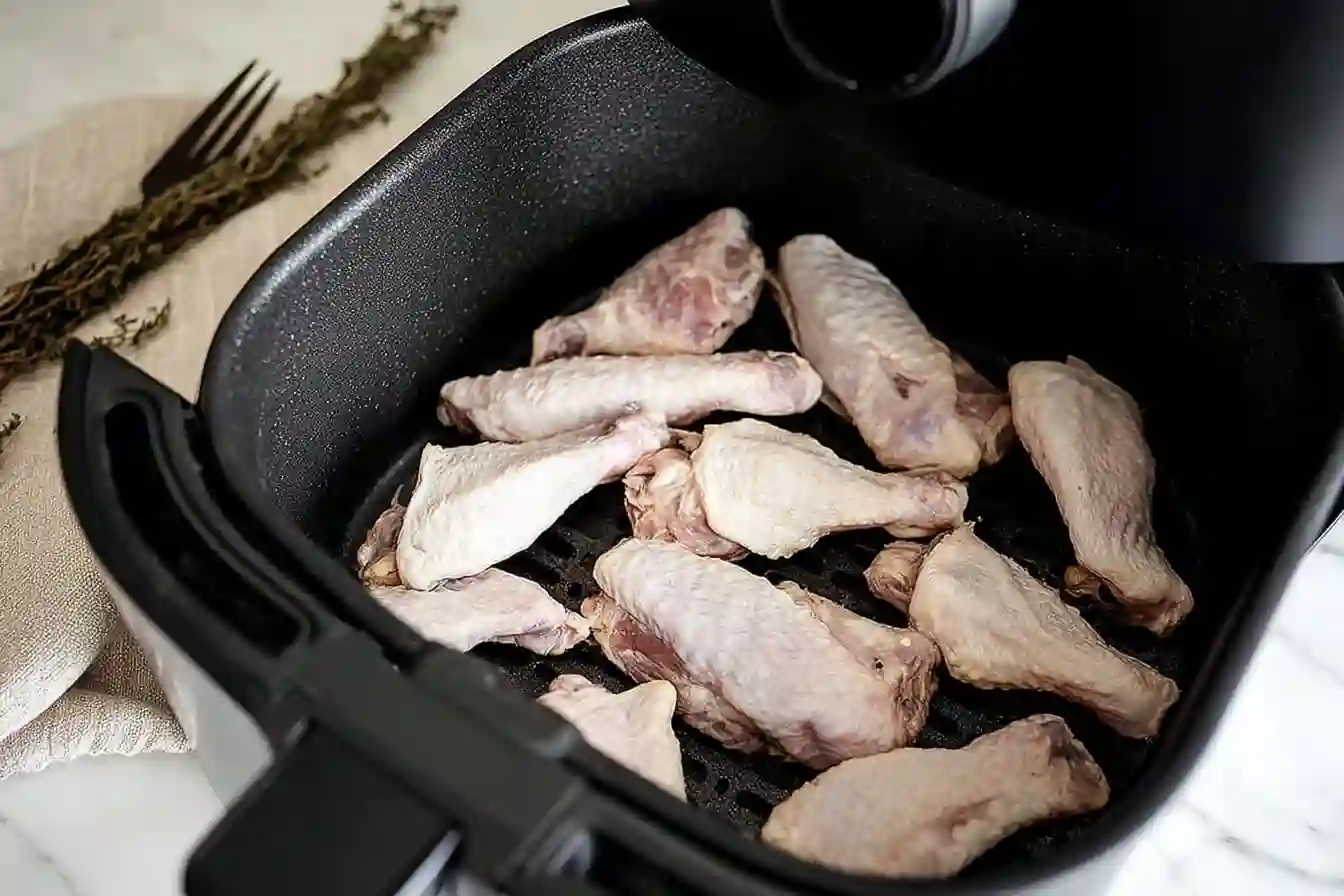  Uncooked, seasoned chicken wings arranged in a single layer inside an air fryer basket, ready for cooking.