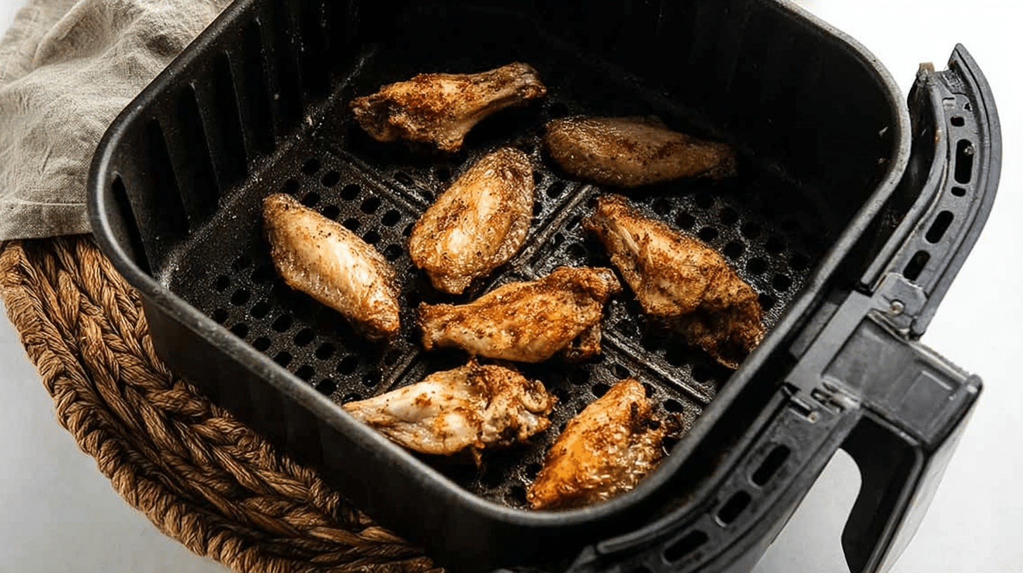 Frozen Chicken Wings cooking in an air fryer basket, evenly spaced and turning golden brown.