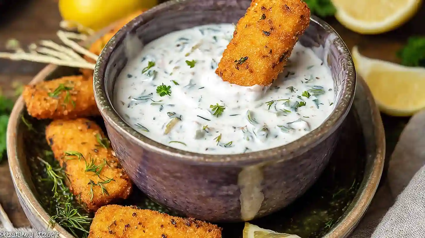 Crispy fish stick dipped in a bowl of Healthy Tartar Sauce made with Greek yogurt and fresh herbs