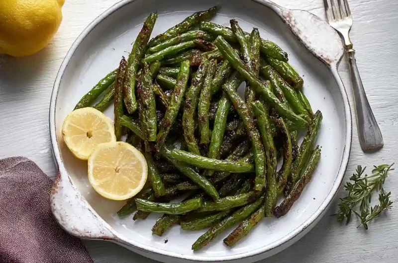 Crispy air fryer green beans served with lemon slices on a white plate