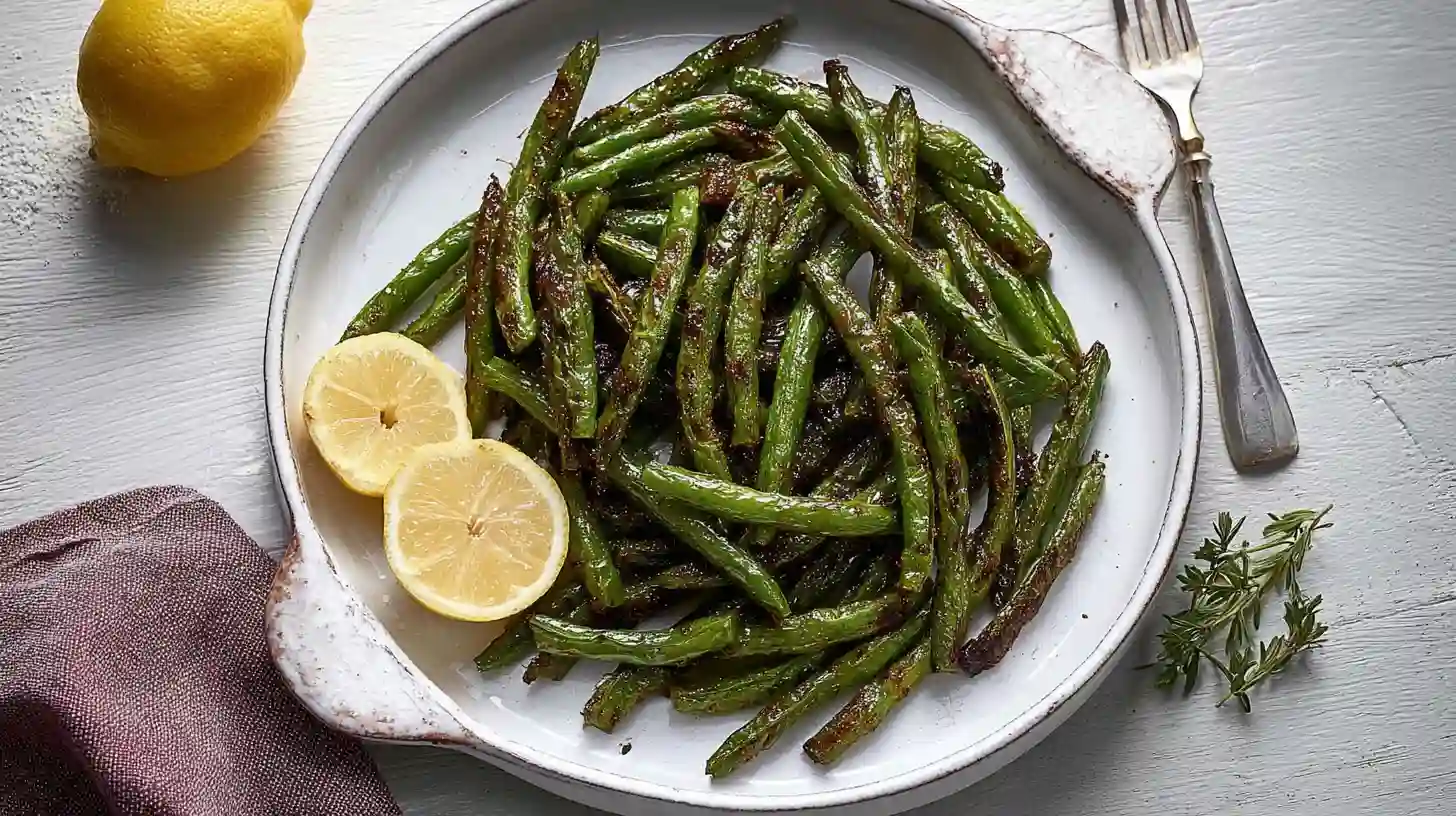 Crispy Air Fryer Green Beans in Just 10 Minutes 2 Crispy air fryer green beans served with lemon slices on a white plate