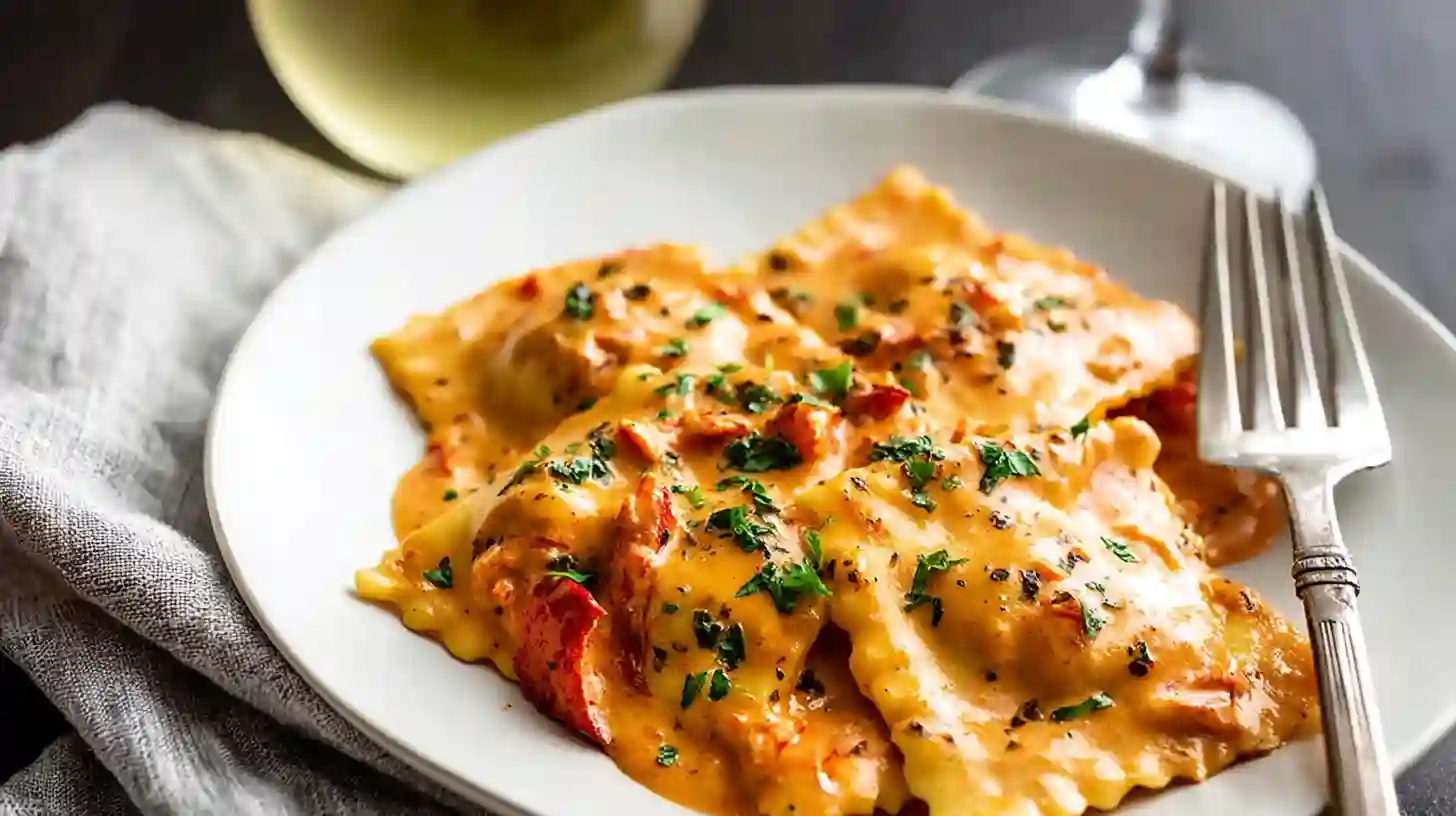 The Ultimate Guide to lobster ravioli sauces 2 Creamy lobster ravioli sauce topped with herbs on a white plate with a fork