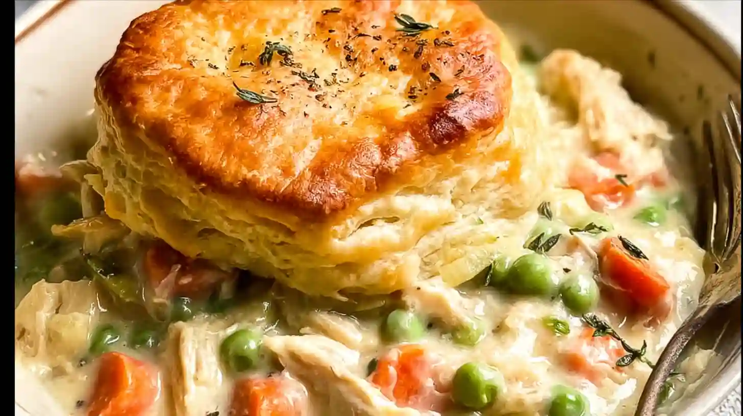 Close-up of Chicken Pot Pie Casserole served in a bowl with a golden biscuit on top of creamy chicken, peas, and carrots.