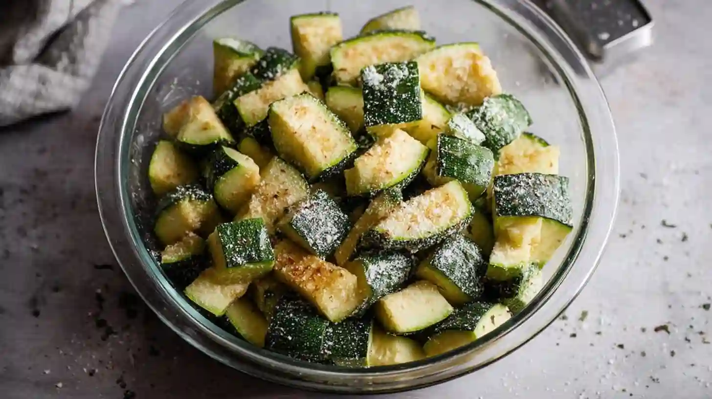 Chopped zucchini coated with Parmesan and seasoning in a glass bowl for air fryer zucchini