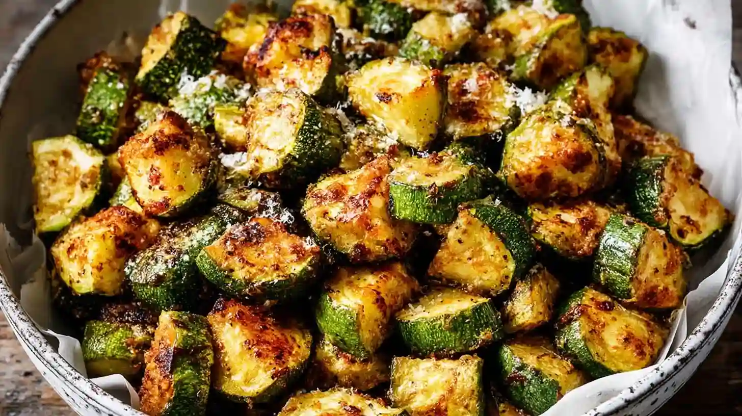 Crispy golden air fryer zucchini pieces served in a white bowl with grated Parmesan on top