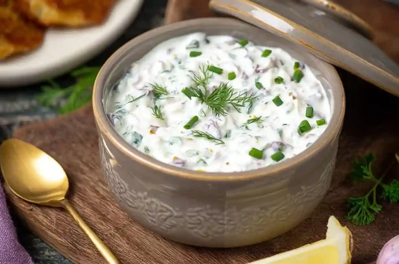 Healthy Tartar Sauce served in a ceramic bowl garnished with fresh dill and chives