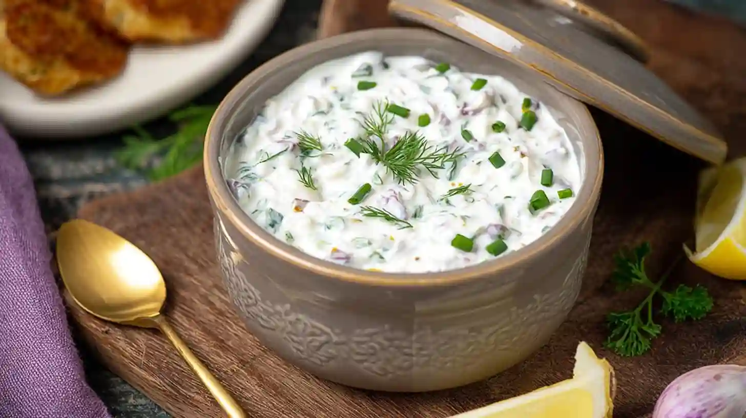 The Ultimate Healthy Tartar Sauce Recipe 2 Healthy Tartar Sauce served in a ceramic bowl garnished with fresh dill and chives
