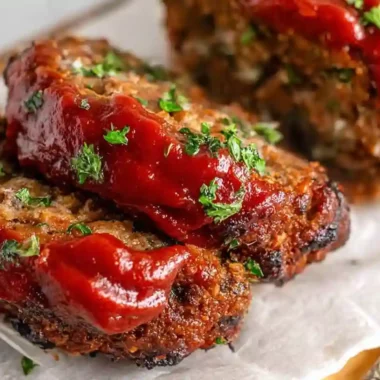 Juicy Air Fryer meatloaf recipe topped with tangy glaze and fresh parsley, sliced and ready to serve.