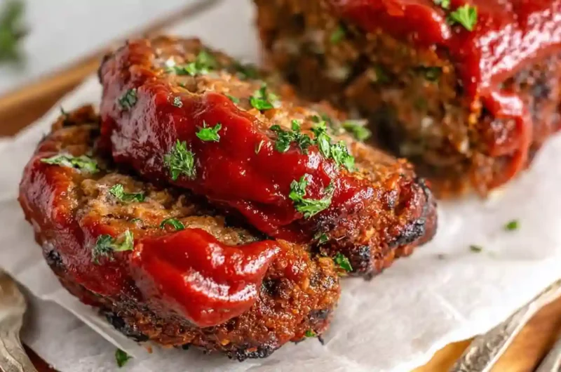 Juicy Air Fryer meatloaf recipe topped with tangy glaze and fresh parsley, sliced and ready to serve.
