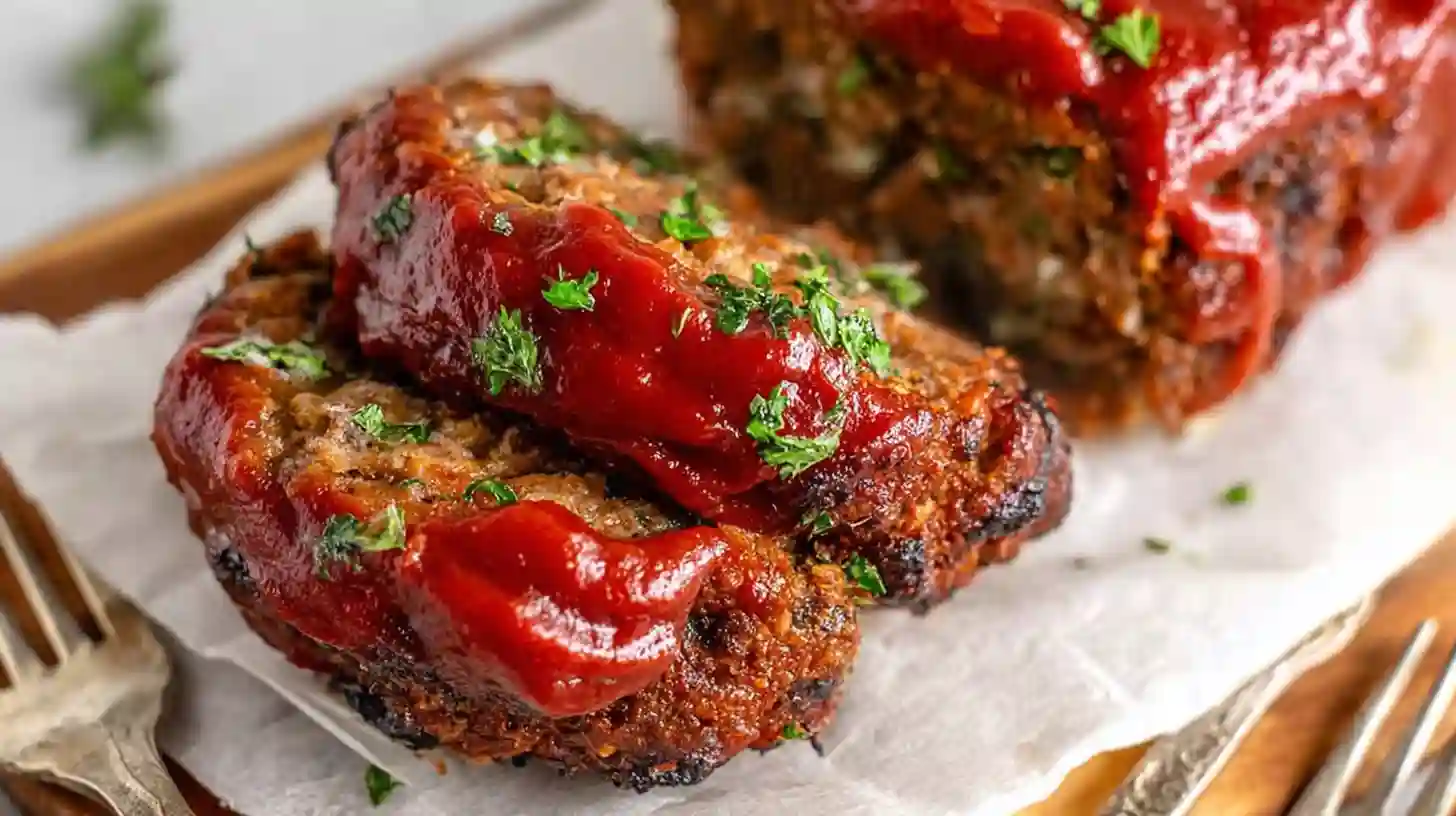 Juicy Air Fryer meatloaf recipe topped with tangy glaze and fresh parsley, sliced and ready to serve.