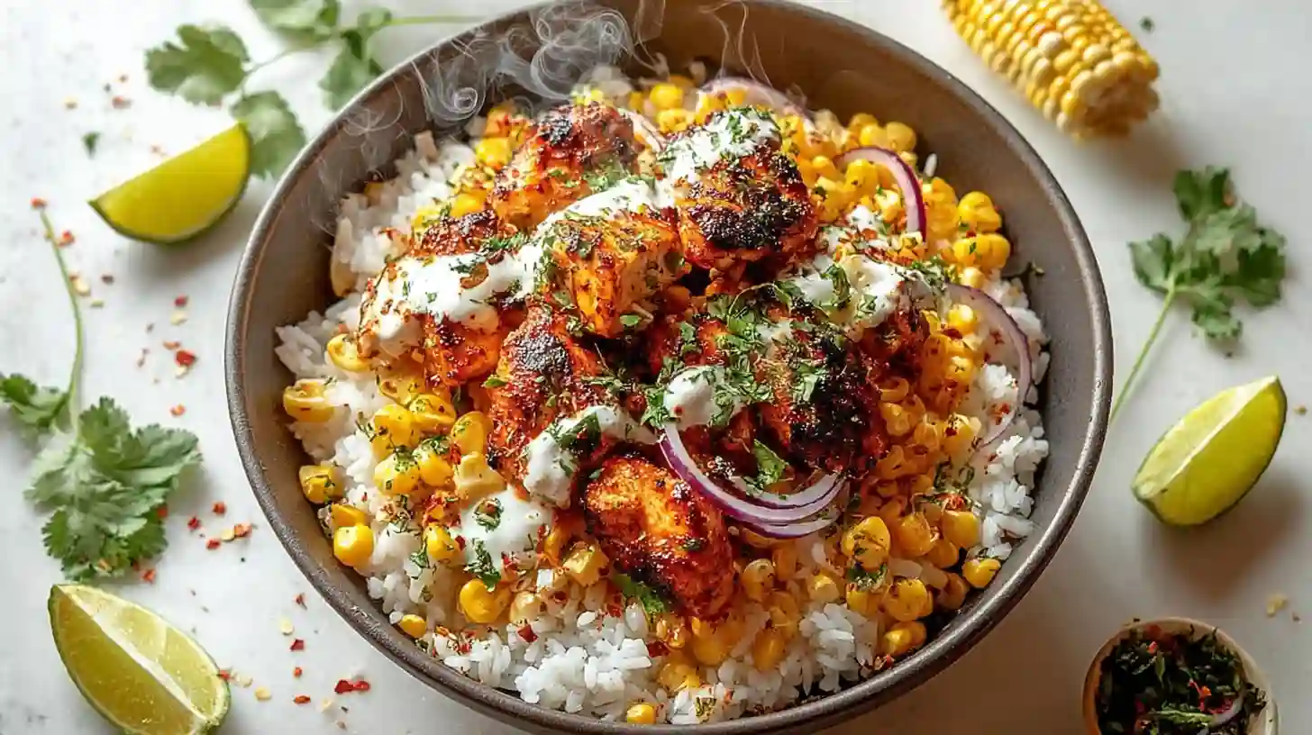 Street Corn Chicken Rice Bowl: A Mexican-Inspired Favorite 2 Street Corn Chicken Rice Bowl with grilled spiced chicken, charred corn, cilantro, onions, and lime over jasmine rice in a bowl.