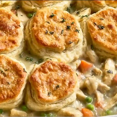 Easy Chicken Pot Pie Casserole with Biscuits 4 Golden biscuit-topped Chicken Pot Pie Casserole with creamy chicken, peas, and carrots in a white baking dish.