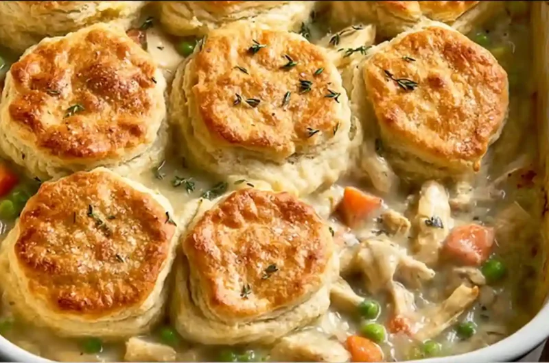 Golden biscuit-topped Chicken Pot Pie Casserole with creamy chicken, peas, and carrots in a white baking dish.
