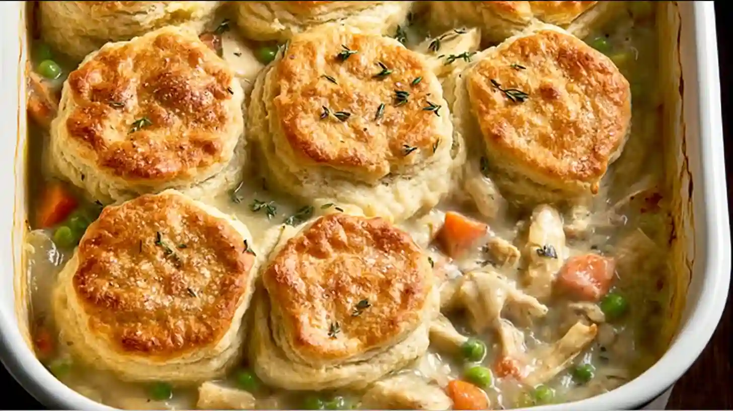 Easy Chicken Pot Pie Casserole with Biscuits 2 Golden biscuit-topped Chicken Pot Pie Casserole with creamy chicken, peas, and carrots in a white baking dish.
