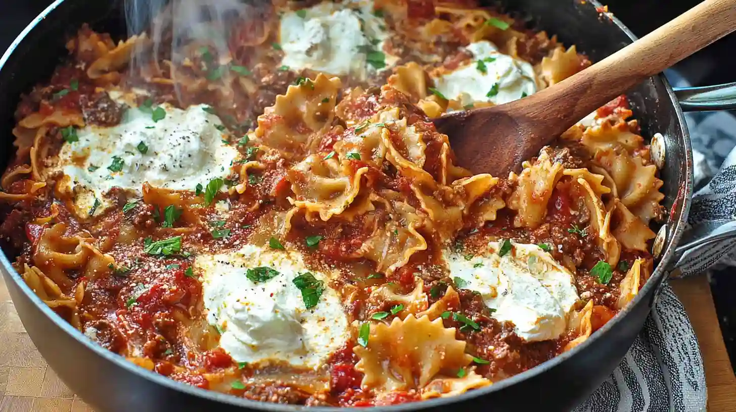 The Ultimate 30-Minute Skillet Lasagna 2 Skillet Lasagna with bow tie pasta, ground beef, rich tomato sauce, and dollops of ricotta cheese garnished with fresh herbs in a black pan.