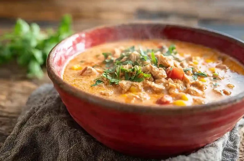 A steaming bowl of Crockpot Buffalo Chicken Chili topped with fresh herbs, creamy broth, tender chicken, corn, and tomatoes in a rustic red bowl.