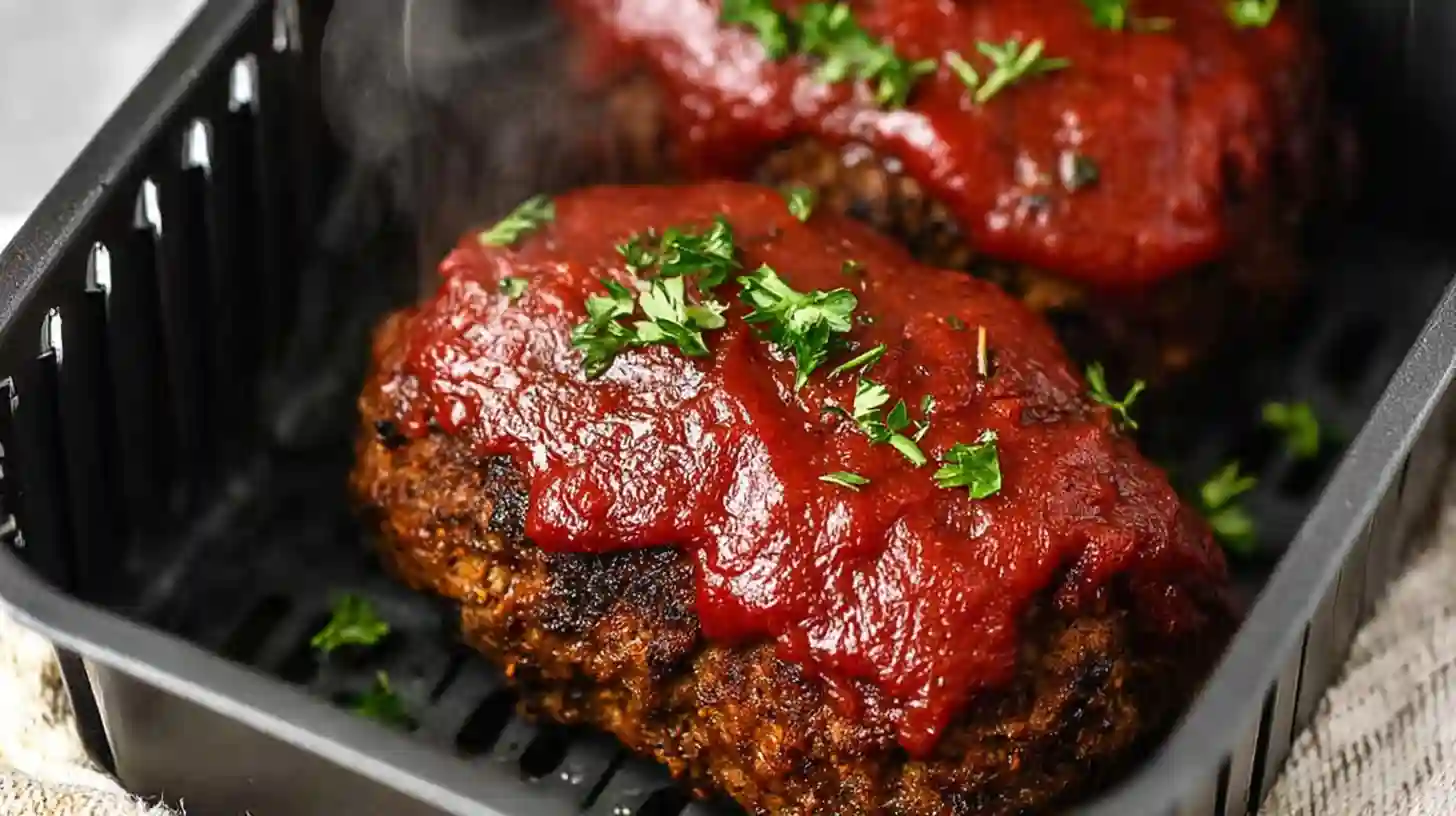 Air Fryer meatloaf recipe cooking in the basket topped with tangy glaze and fresh parsley for a juicy, flavorful finish.