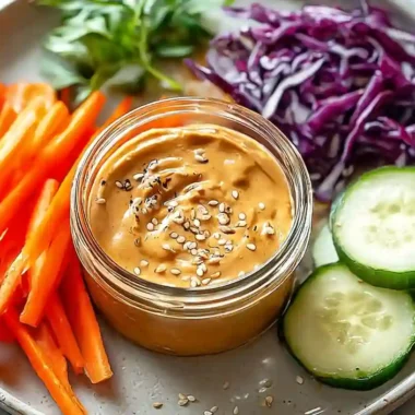 Thai Peanut Sauce: Easy, Creamy, and Ready in Minutes 4 Glass jar of creamy Thai peanut sauce topped with sesame seeds, surrounded by fresh carrots, cucumbers, cabbage, and herbs.