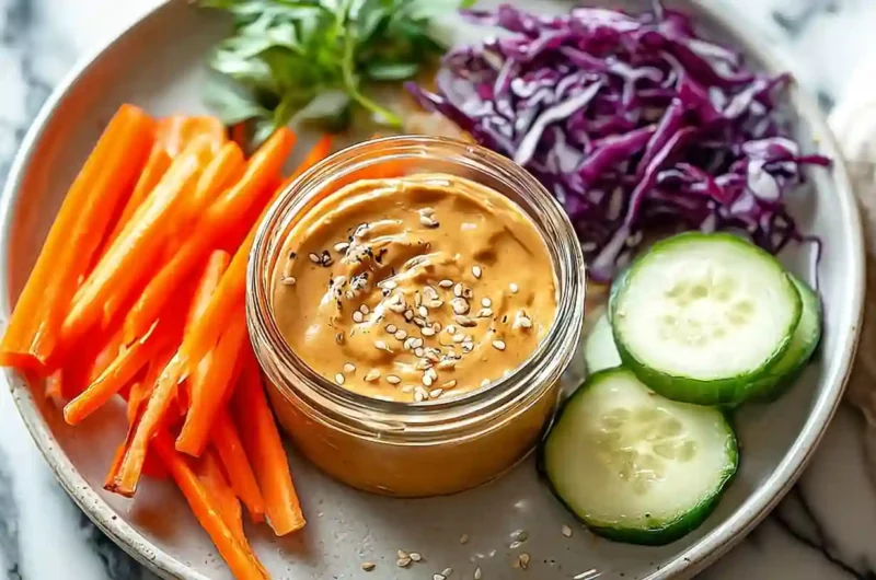 Glass jar of creamy Thai peanut sauce topped with sesame seeds, surrounded by fresh carrots, cucumbers, cabbage, and herbs.