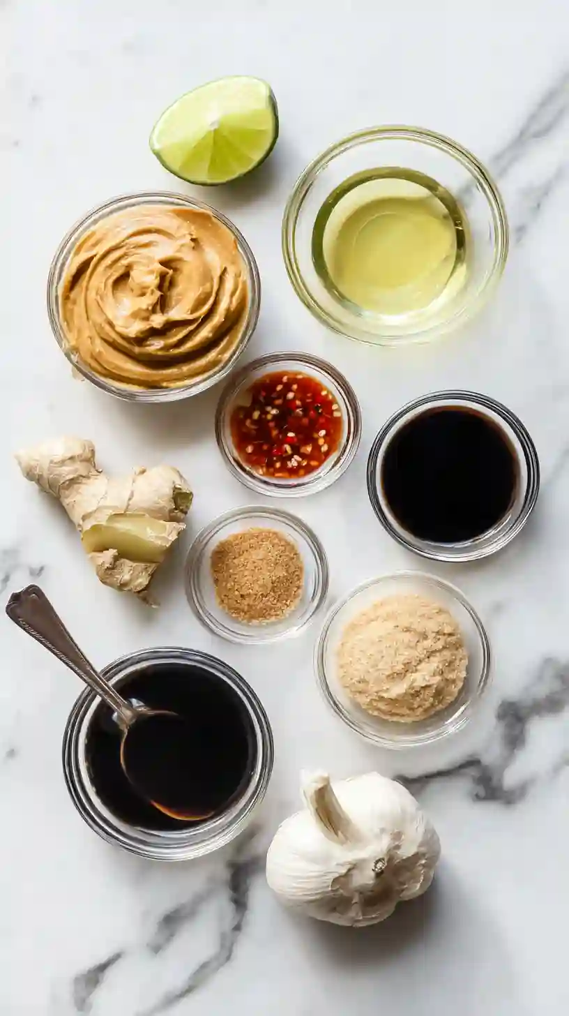  Flat lay of Thai peanut sauce ingredients including peanut butter, soy sauce, garlic, ginger, lime, and chili sauce on a marble surface.