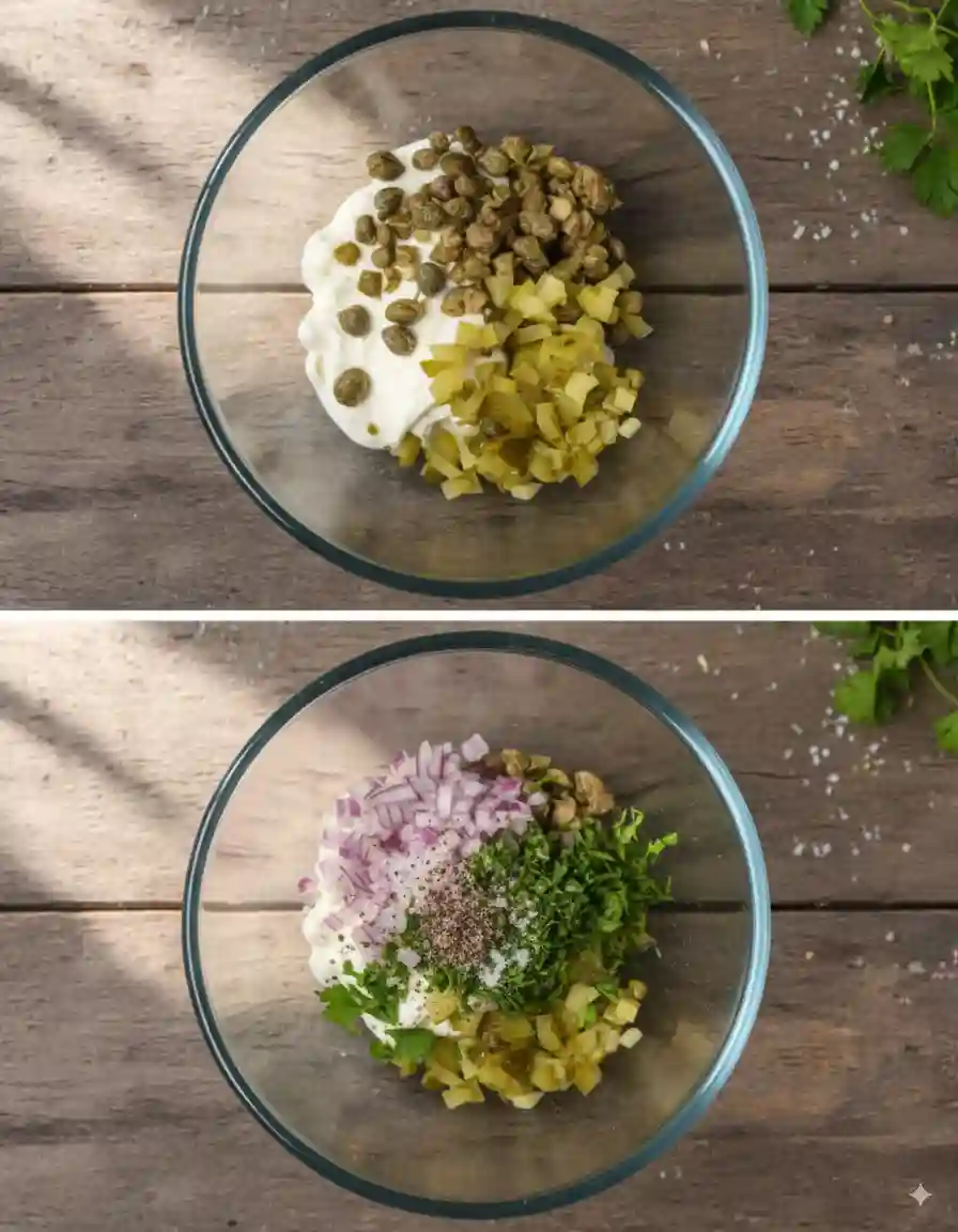 Ingredients for Healthy Tartar Sauce in a glass bowl including Greek yogurt, capers, pickles, red onion, and herbs