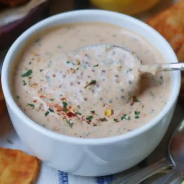 Creamy Louisiana Remoulade Sauce in a white bowl with herbs and spices, served with fried appetizers.