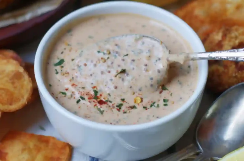 Creamy Louisiana Remoulade Sauce in a white bowl with herbs and spices, served with fried appetizers.