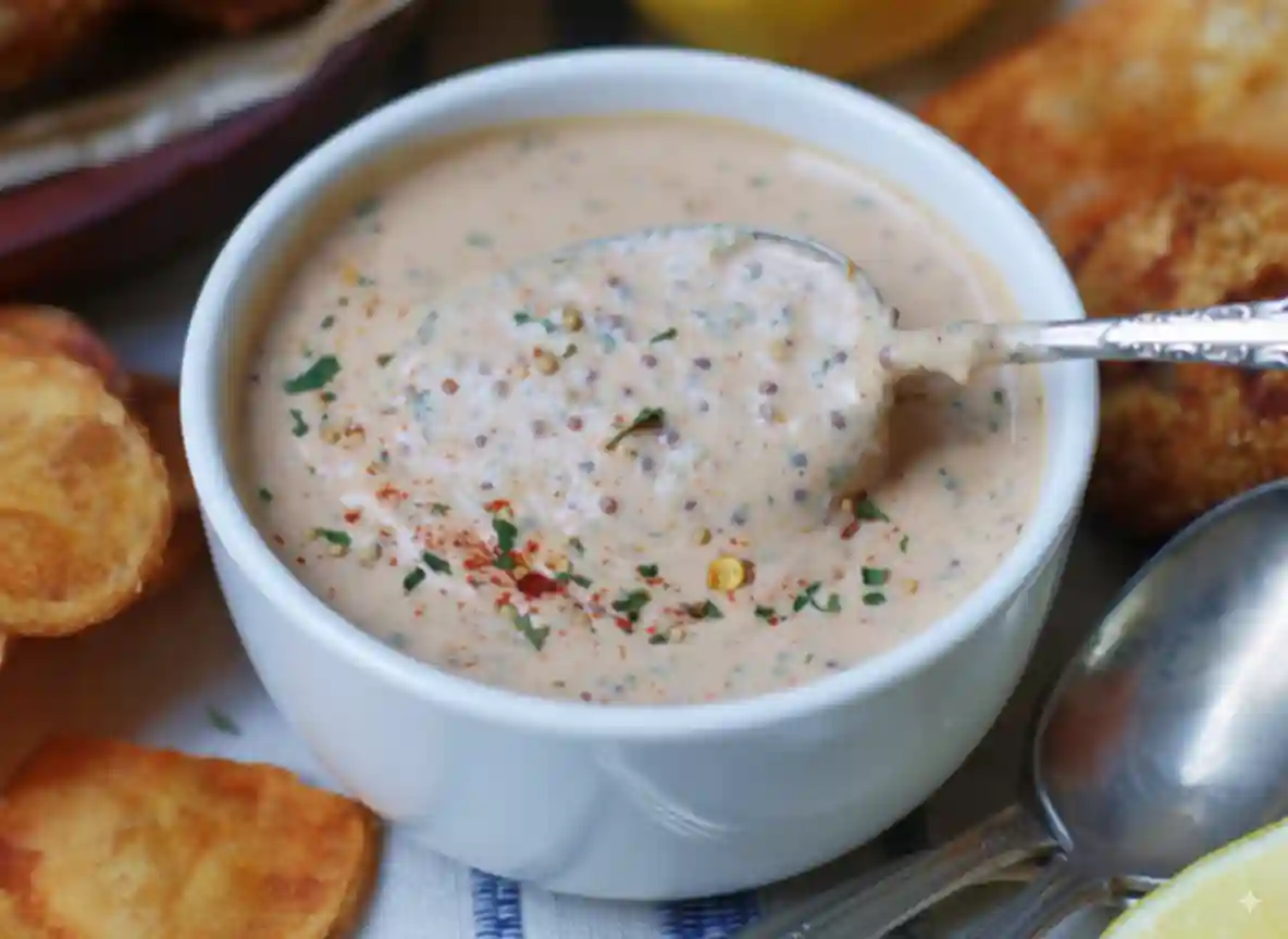 Louisiana Remoulade Sauce: Easy Authentic Recipe 2 Creamy Louisiana Remoulade Sauce in a white bowl with herbs and spices, served with fried appetizers.