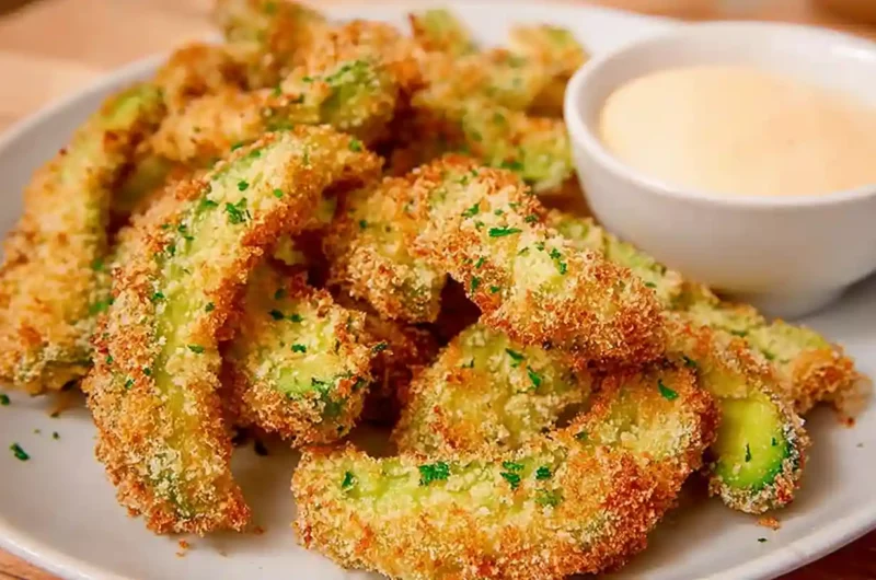 Crispy Air Fryer Avocado Fries served on a plate with dipping sauce
