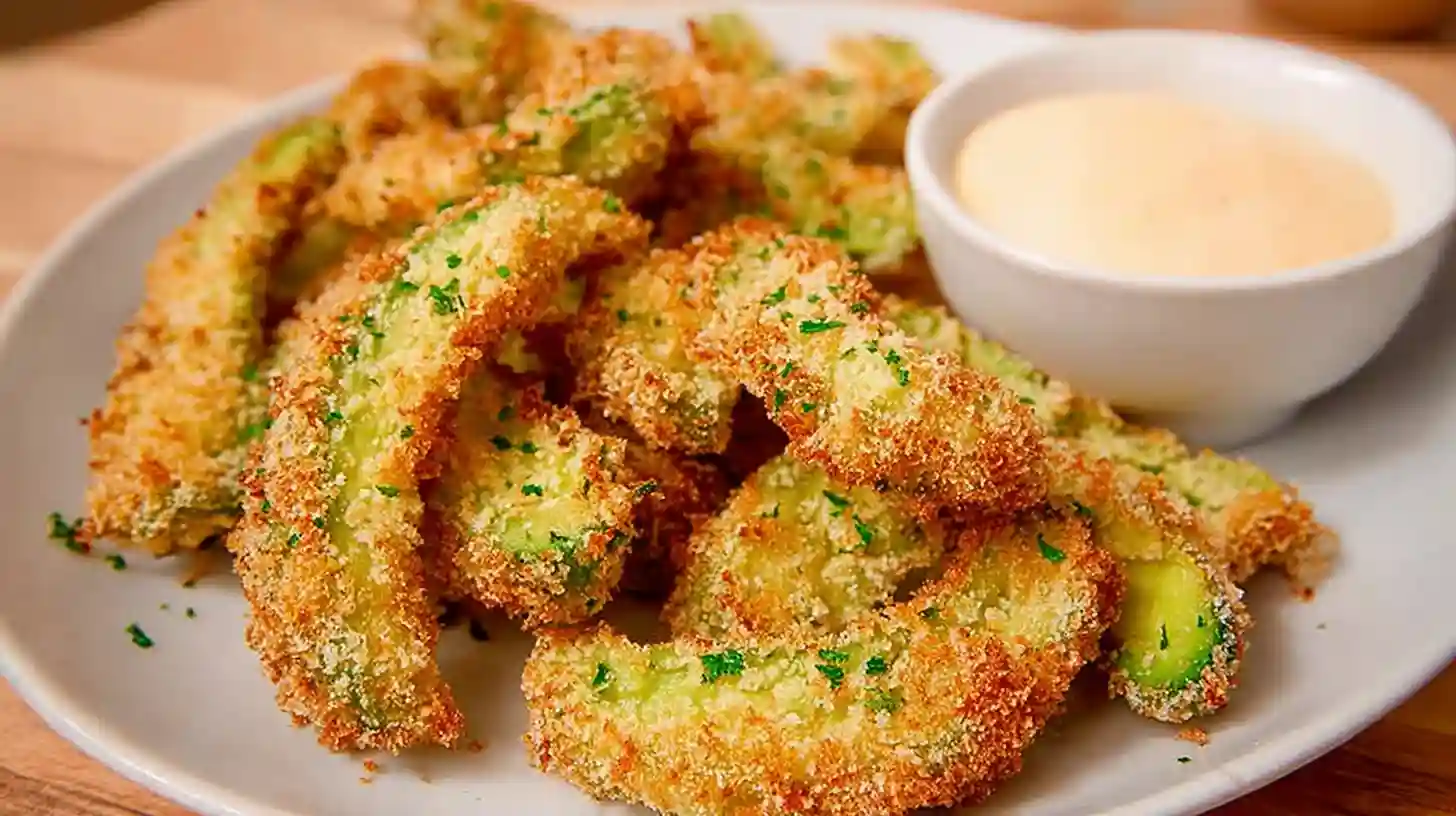 The Ultimate Crispy Air Fryer Avocado Fries 2 Crispy Air Fryer Avocado Fries served on a plate with dipping sauce