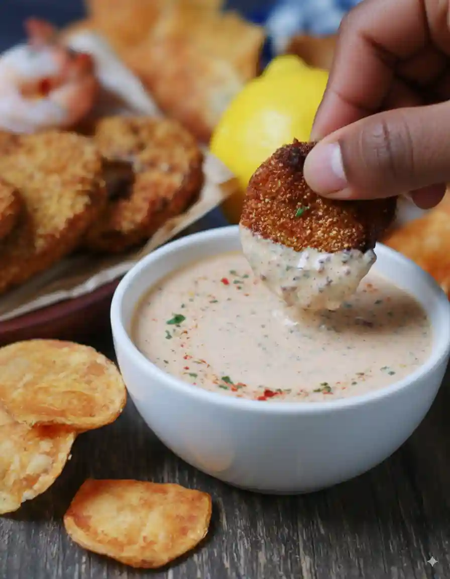 Fried green tomato being dipped into creamy Louisiana Remoulade Sauce, served with chips and seafood.