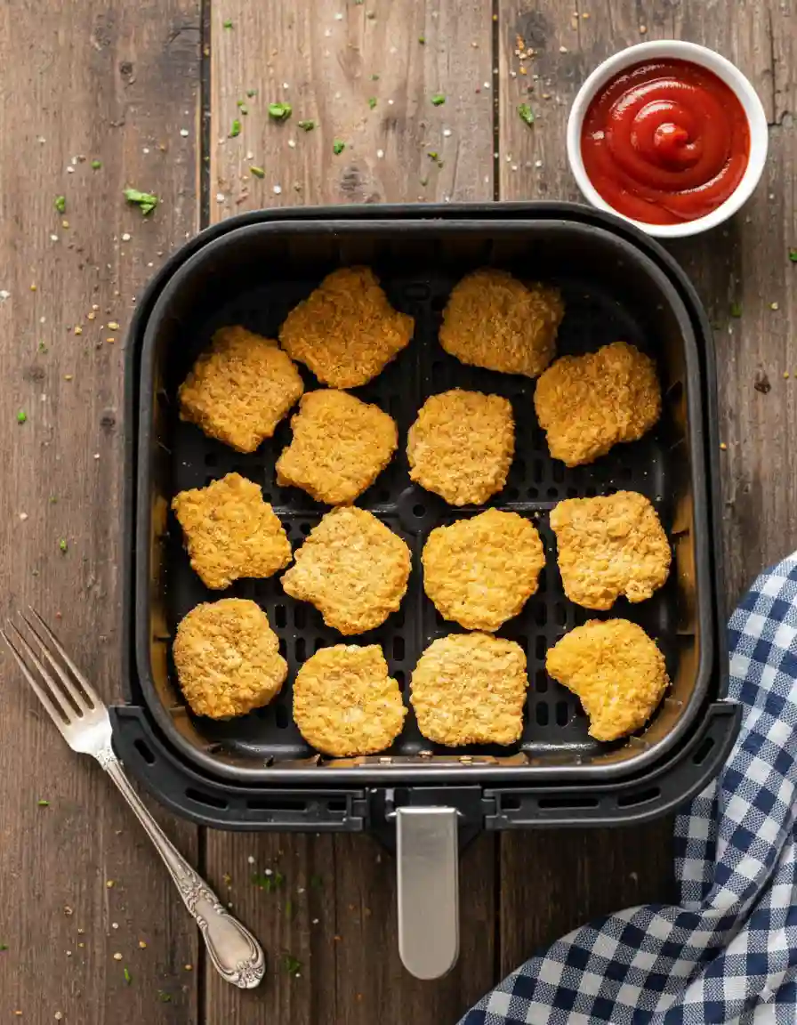 Frozen chicken nuggets arranged in a single layer inside an air fryer basket