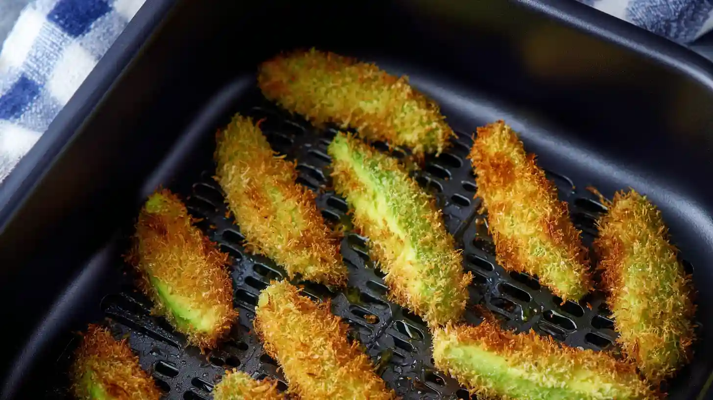Golden brown Air Fryer Avocado Fries cooking in the basket until crispy