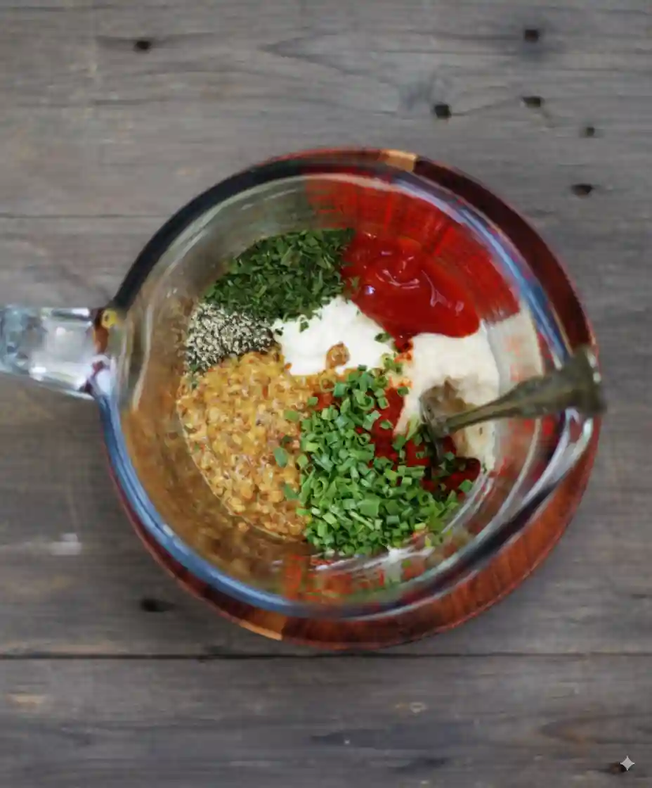 Ingredients for Louisiana Remoulade Sauce in a glass mixing bowl, including mayonnaise, mustard, ketchup, herbs, and spices.