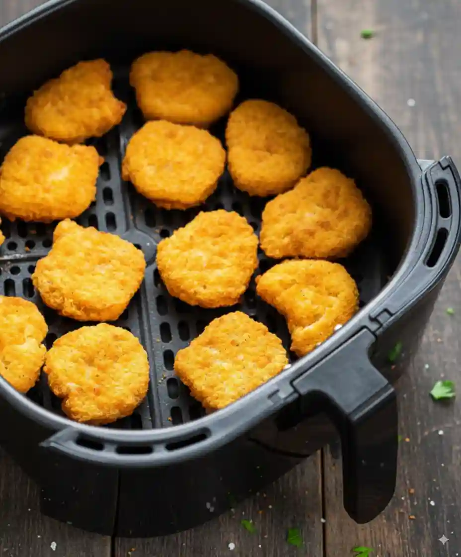Frozen chicken nuggets cooking inside an air fryer with crisp golden edges