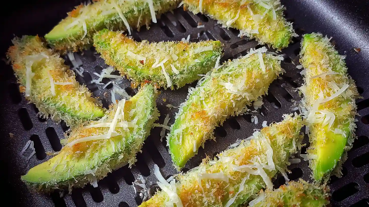Uncooked Air Fryer Avocado Fries arranged in the basket with panko and Parmesan coating